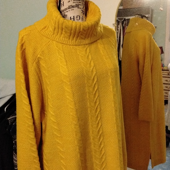 Women's NWT Ann Taylor golden yellow Chunky cable knit midi sweater dress size L - Picture 2 of 4